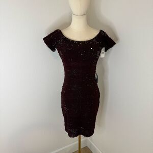 [Dress the Population] Burgundy Off-the-Shoulder Bodycon Midi Dress- Size Medium